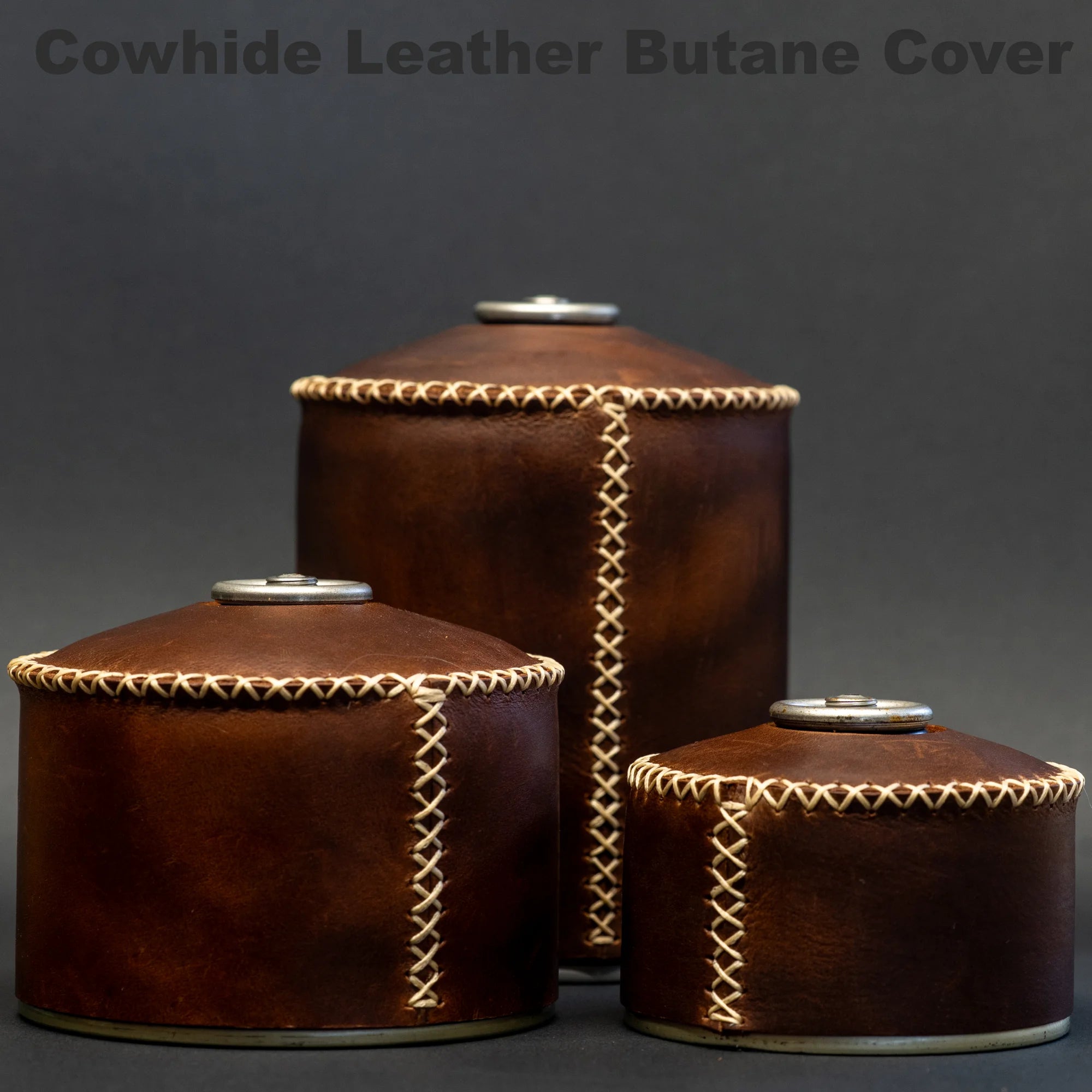 TriCamp Leather Butane Canister Cover front view — premium cowhide cover for camping gas canisters