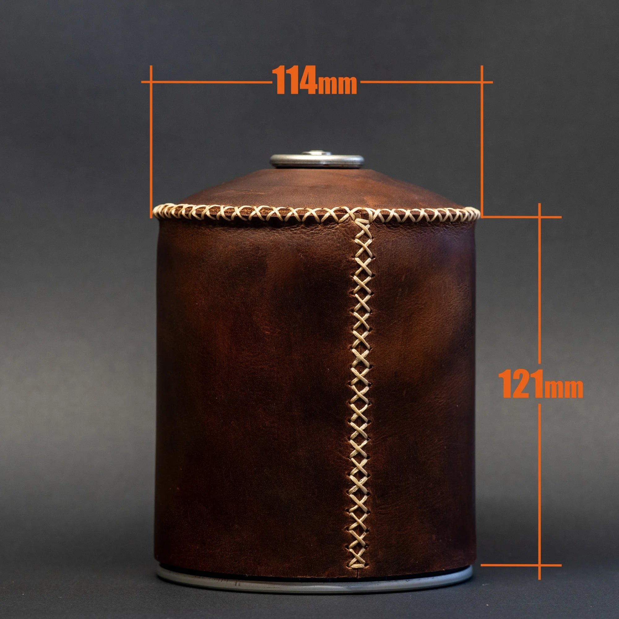 TriCamp Cowhide Leather Canister Cover side view — rustic leather butane cover for outdoor use