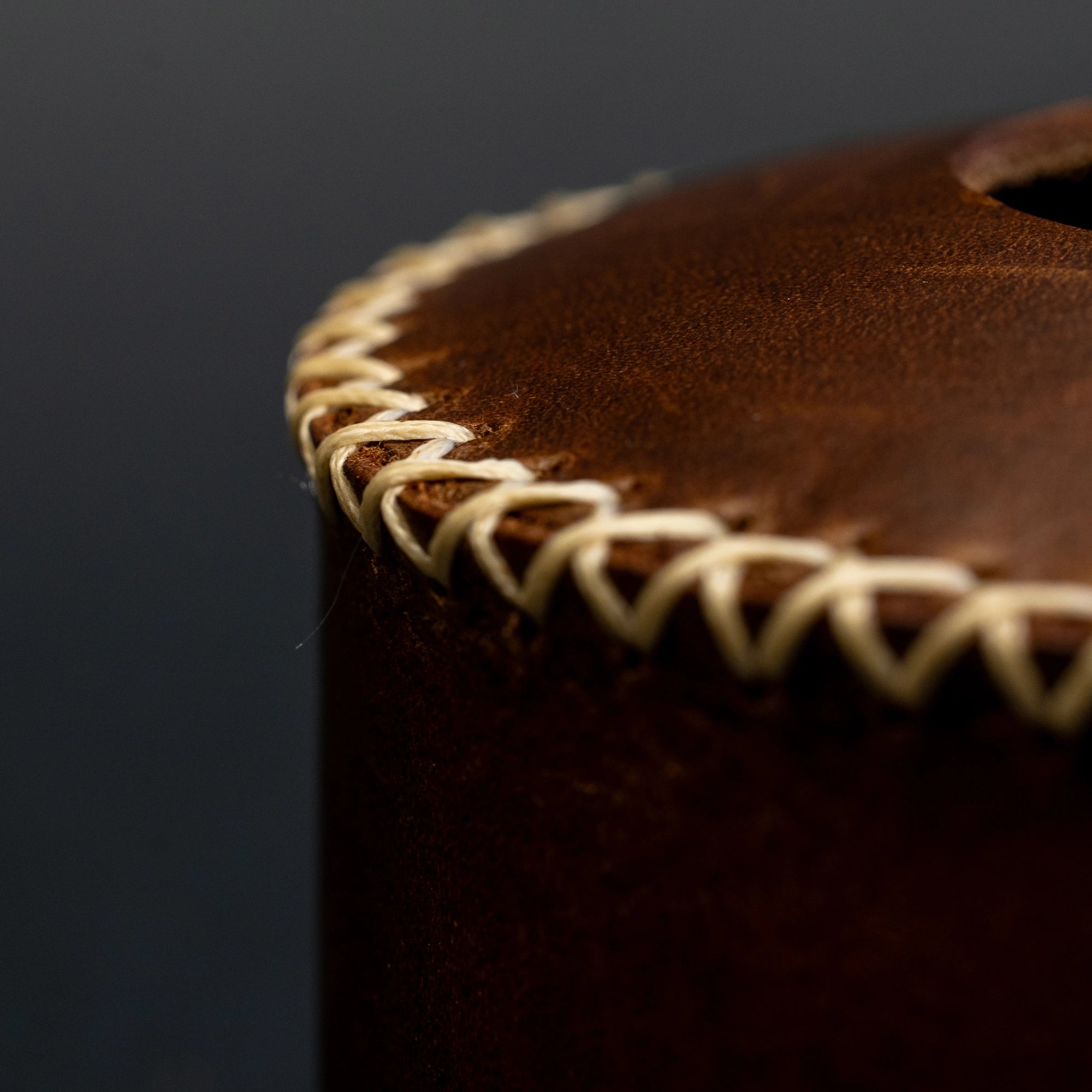 TriCamp Leather Canister Cover detail — stitching and snap fastener on cowhide camping accessory