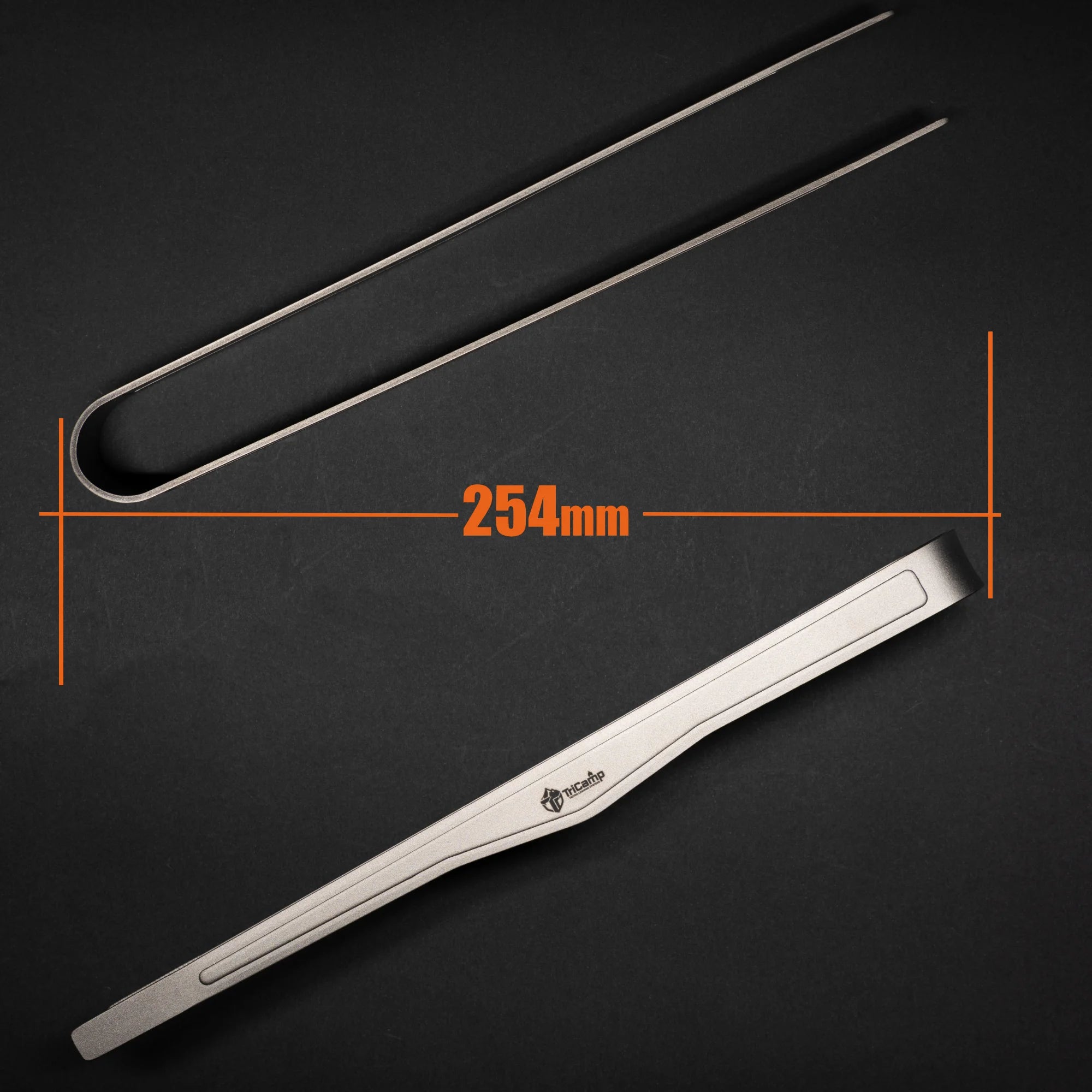 TriCamp Titanium Tongs front view — durable campfire cooking utensils