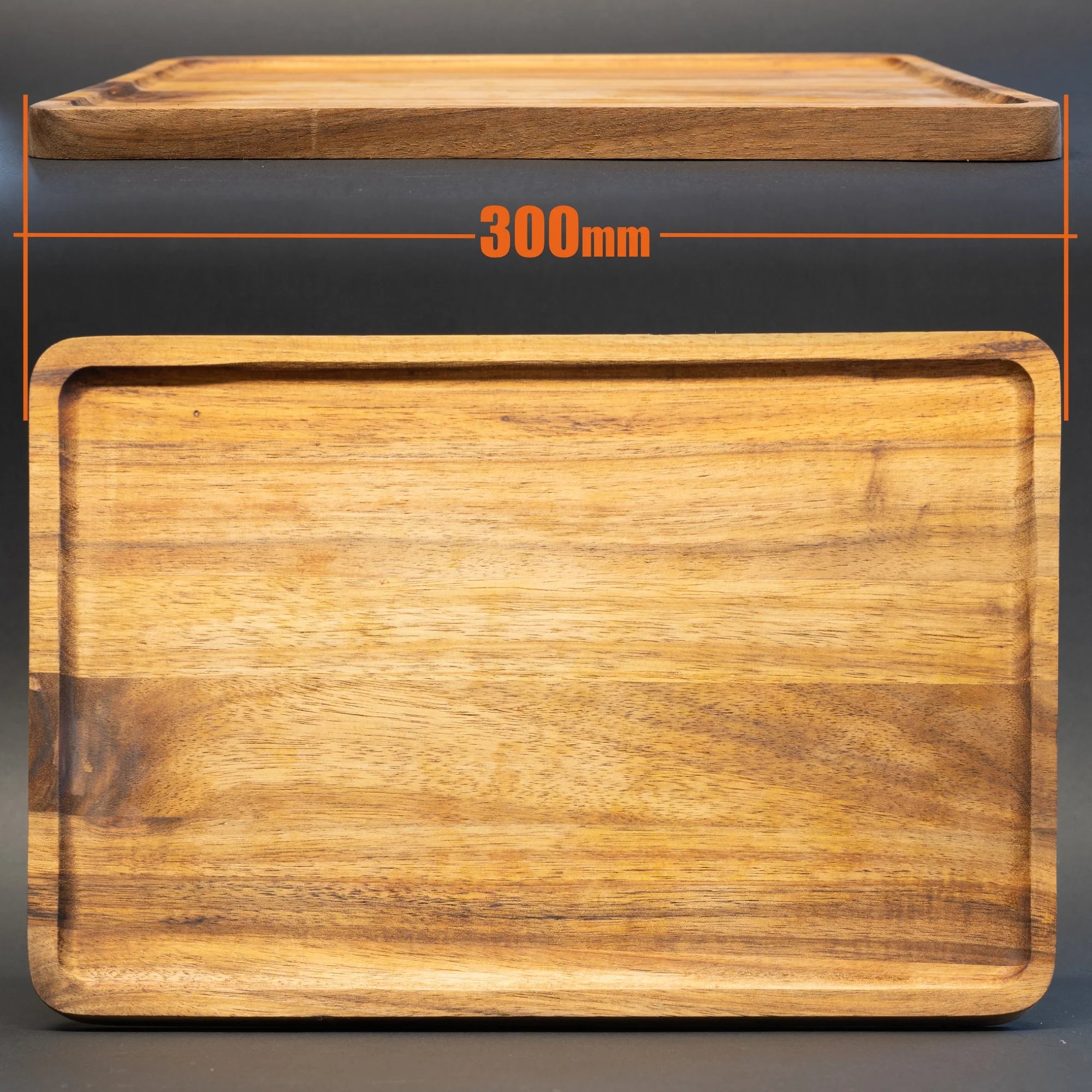 TriCamp Acacia Rectangle Plate lifestyle — food presentation on natural acacia camp serving board