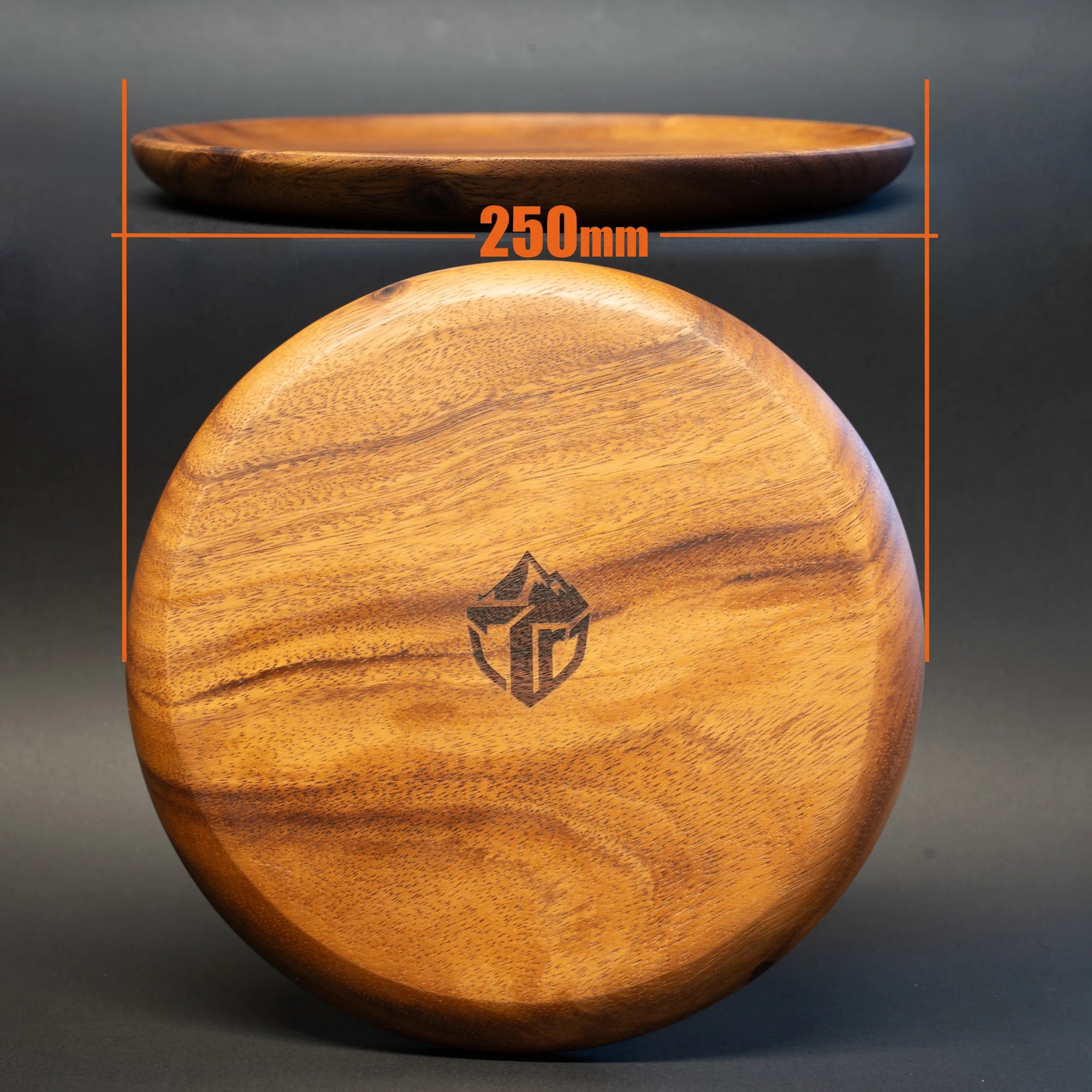 TriCamp Walnut Round Plate lifestyle — charcuterie and snacks on a wooden camp plate